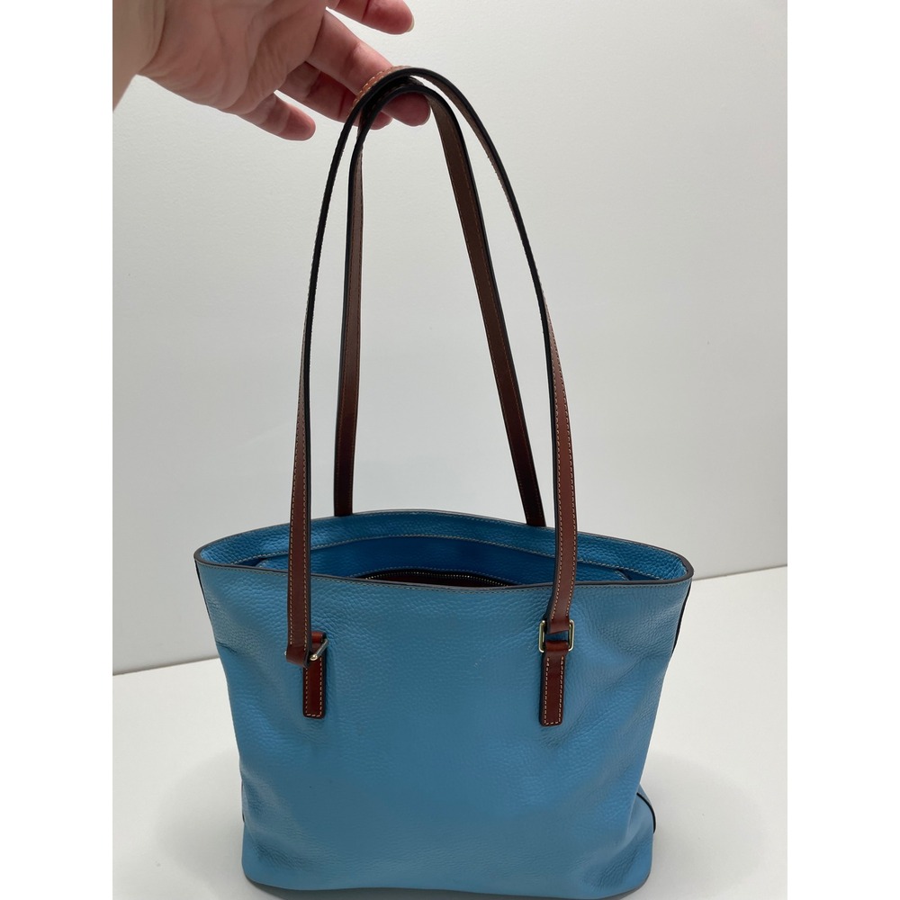 Dooney & Bourke Turquoise Pebbled Leather Tote Bag Brown Trim Blue Shoulder Bag - Picture 6 of 16